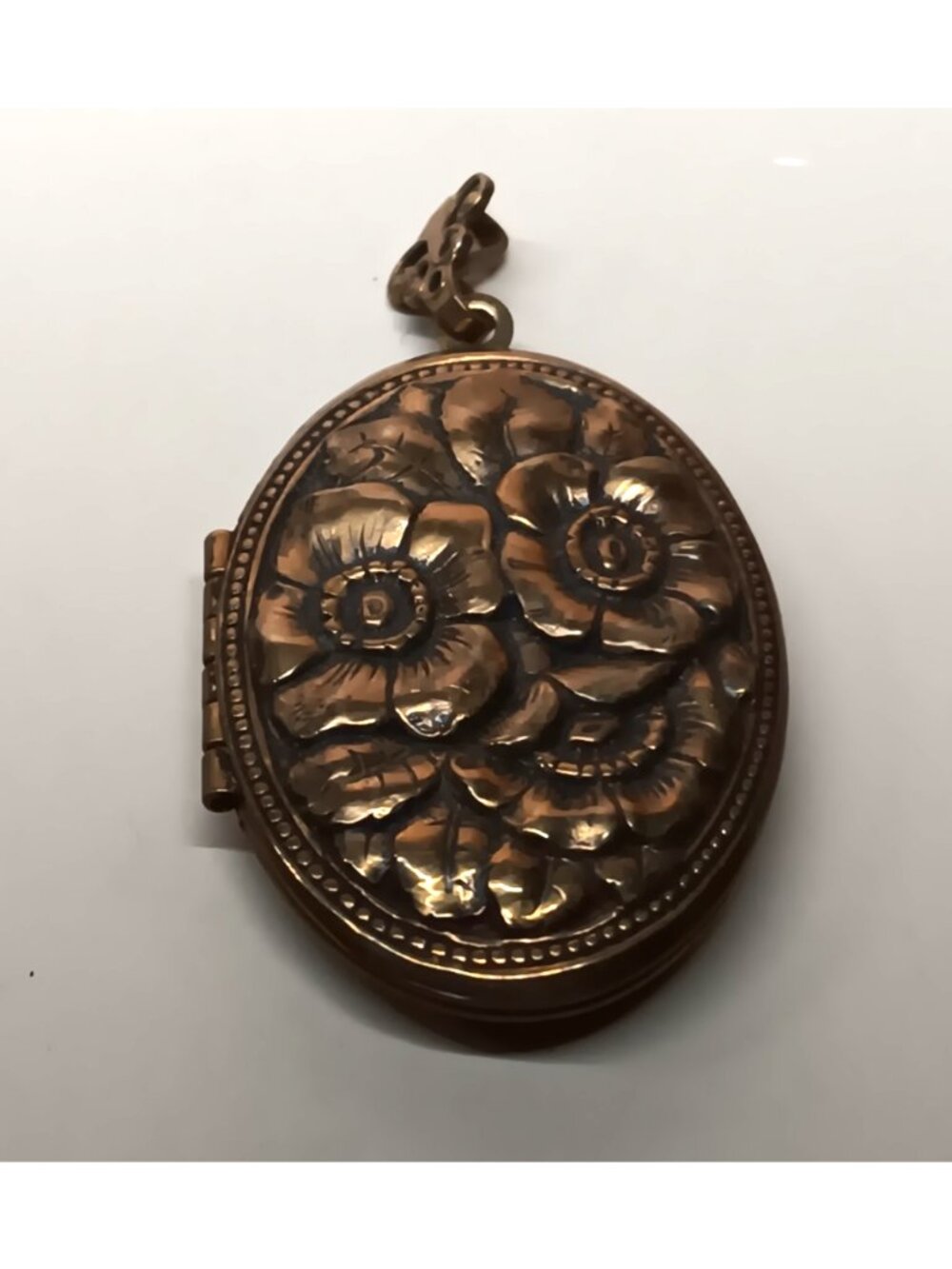 Vintage Embossed Brass Oval Locket raised Floral Pattern signed Pididdly Links
